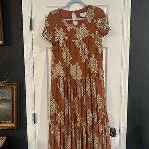 **SOLD** Anthropologie Burnt Orange Maxi Dress with Gold Floral Pattern